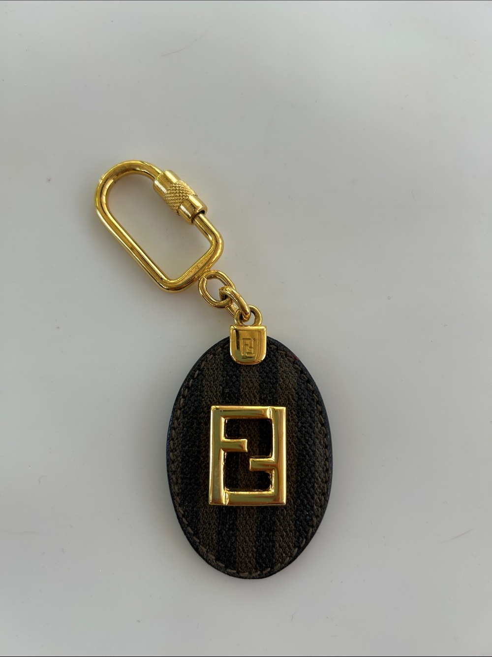 Authentic FENDI Vintage Zucca Monogram Oval Keychain / Bag Charm - Gold Hardware